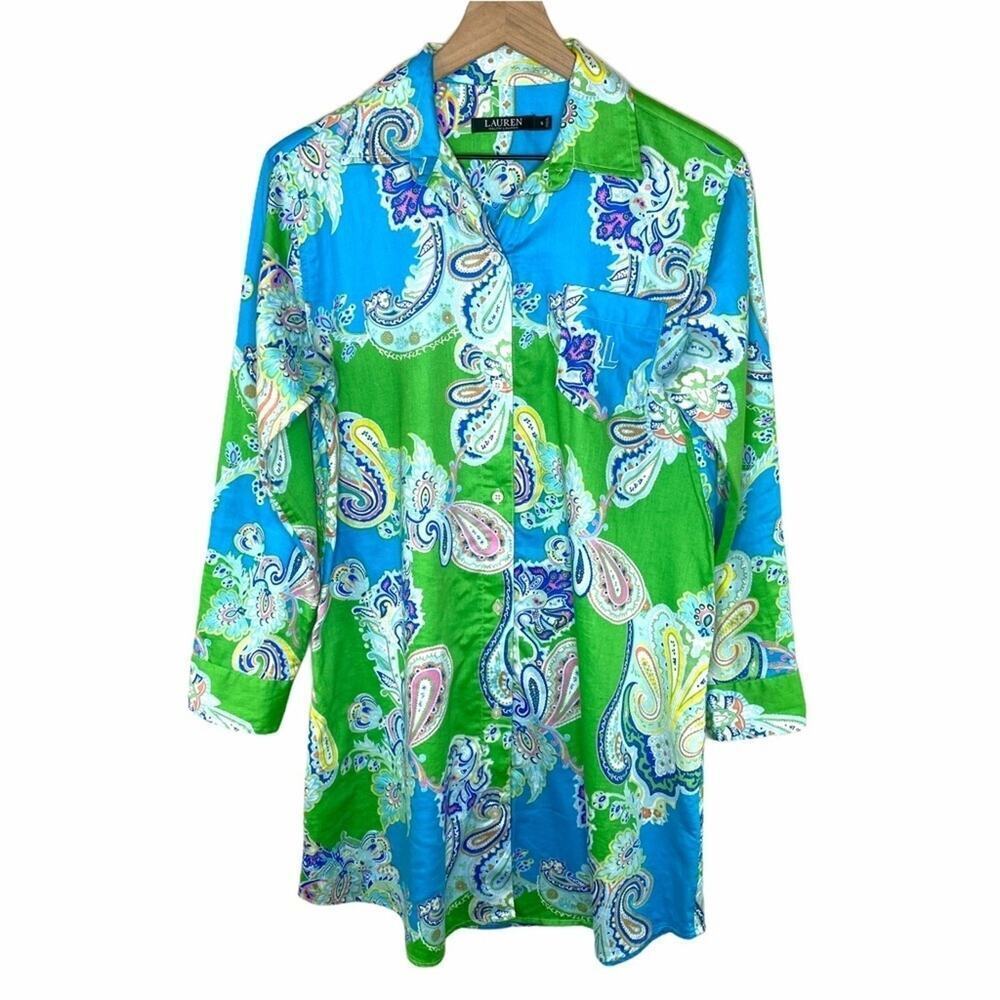 Lauren Ralph Lauren Women’s Paisley Logo Pocket Colorful Sleep Shirt Size Small